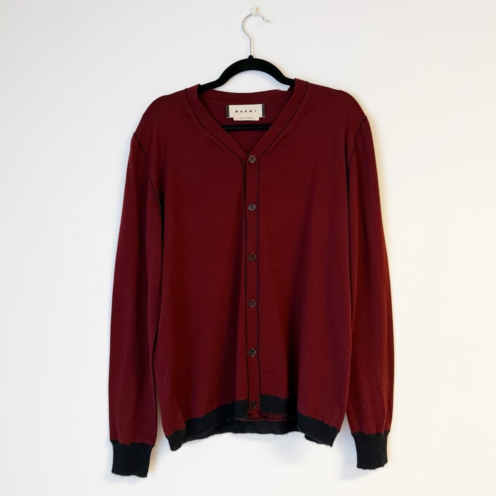 MARNI Maroon Wool Blend Cardigan Sweater with Black Trim Size XL